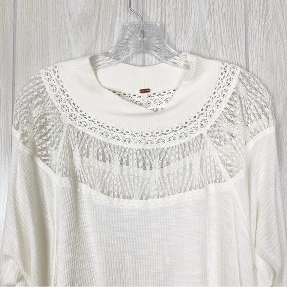Free People | Spring Valley White Waffle Knit Lace Neck Long Sleeve Top Size XS - Picture 3 of 12